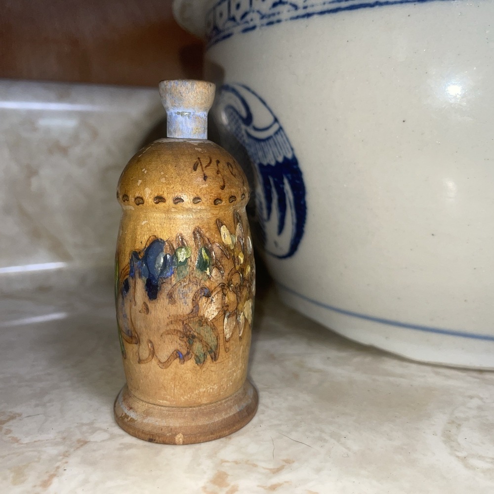 Vintage Wooden Push Down Pepper Shaker With Floral Design From Germany Garmisch